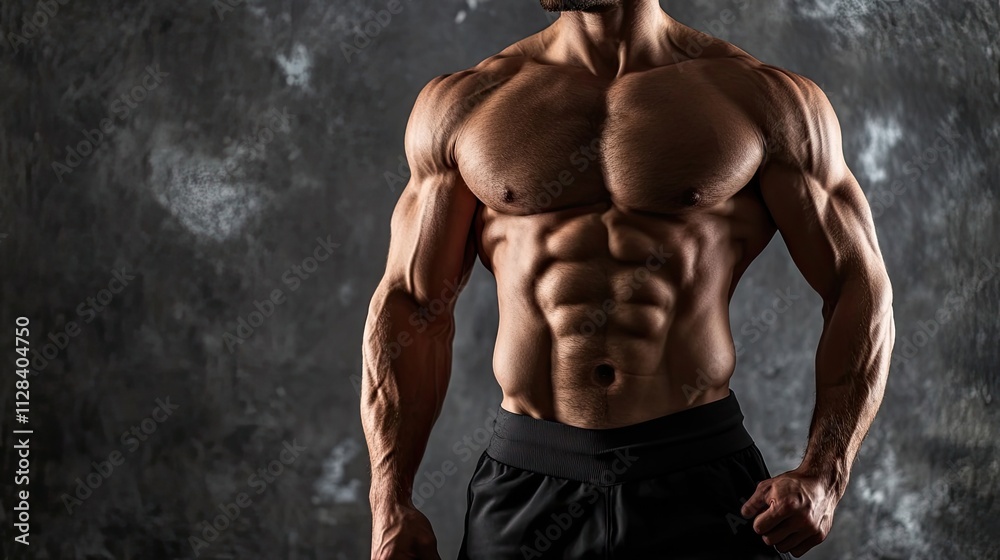 A muscular man with a defined physique poses against a dark gray background. His powerful build and intense gaze command attention. A muscular man with a defined physique poses against a dark gray background. His powerful build and intense gaze command attention.