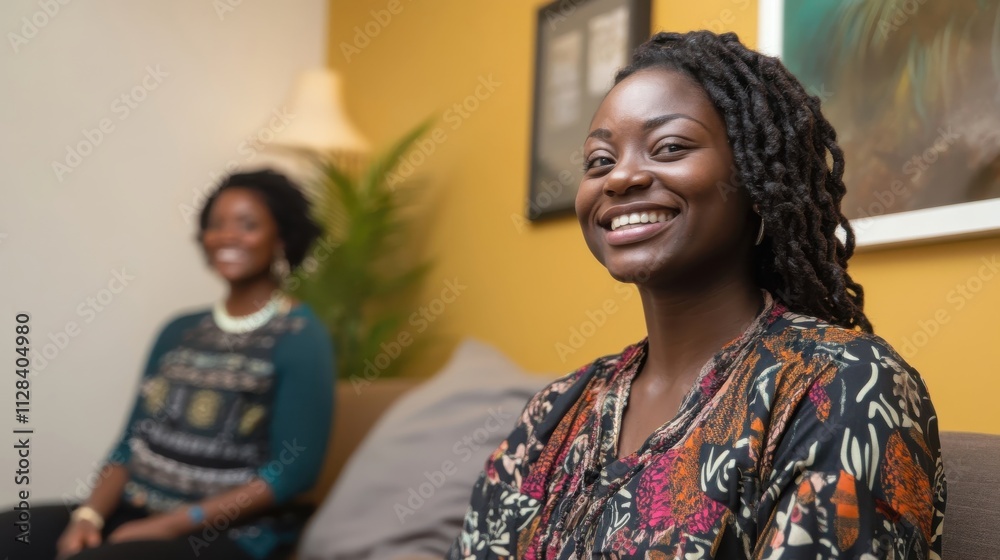 Therapists from Ghana, smiling warmly in serene counseling rooms filled with calming decor Therapists from Ghana, smiling warmly in serene counseling rooms filled with calming decor