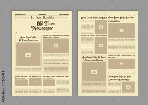 Vintage newspaper with text and image placeholder. Brochure newspaper pages with headline. Paper retro journal vector template. News articles newsprint magazine old design