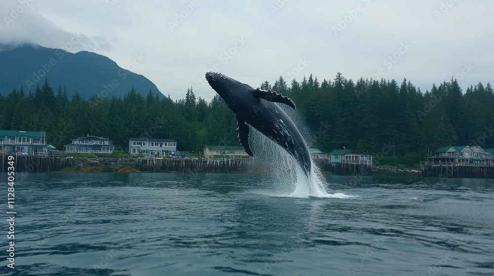 Obraz premium Humpback whale breaches near coastal houses, mountains in background. Stunning wildlife photo ideal for travel, nature, and conservation projects.