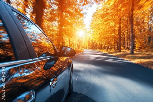 Wallpaper Mural Black car drives on autumn road. Perfect for travel, adventure, or fall themes. Torontodigital.ca