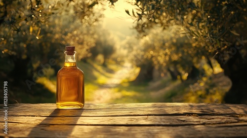 Golden olive oil bottle sits on rustic wood. Perfect for healthy food, cooking, or Mediterranean themes. photo