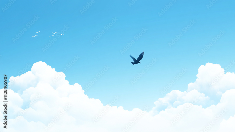 serene blue sky with fluffy clouds and bird soaring gracefully serene blue sky with fluffy clouds and bird soaring gracefully