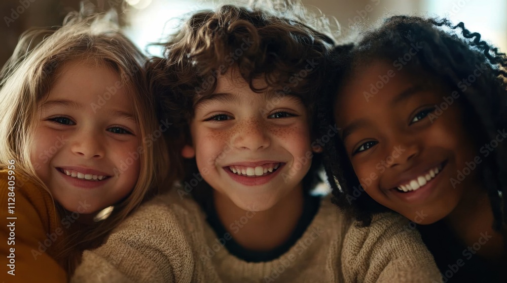 Closeup of three happy kids, a Hispanic girl with a joyful grin and medium-length hair, a white boy with a radiant smile and short curly hair Closeup of three happy kids, a Hispanic girl with a joyful grin and medium-length hair, a white boy with a radiant smile and short curly hair
