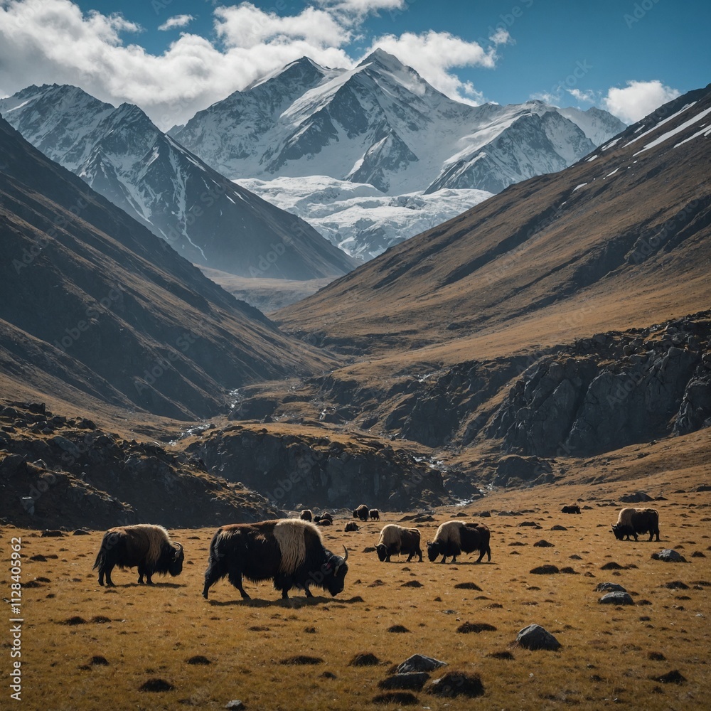 A high-altitude plateau with wild yaks grazing against a mountain backdrop. A high-altitude plateau with wild yaks grazing against a mountain backdrop.