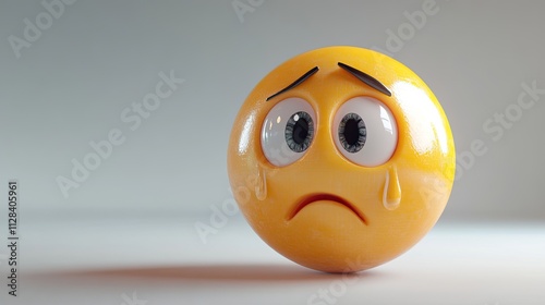 A 3D rendering of a sad, crying emoticon. The yellow face with its downturned mouth and teary eyes conveys a feeling of profound sadness and disappointment. photo