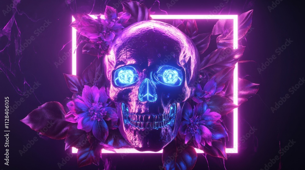 Neon skull surrounded by vibrant flowers and foliage Neon skull surrounded by vibrant flowers and foliage