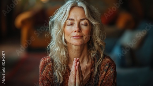 beautiful mature woman praying at home