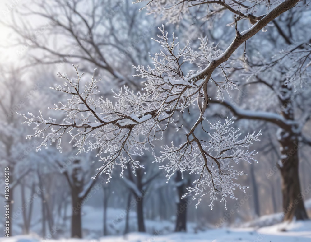 Delicate snowflakes resting on bare tree branches in winter, seasonal, nature, cold, tree, frost Delicate snowflakes resting on bare tree branches in winter, seasonal, nature, cold, tree, frost