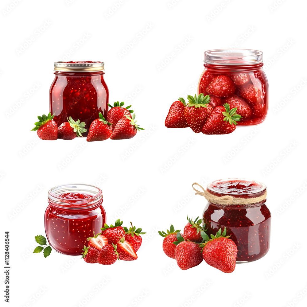 Strawberry jam in a glass jar with fresh strawberries Isolated on a white background Strawberry jam in a glass jar with fresh strawberries Isolated on a white background