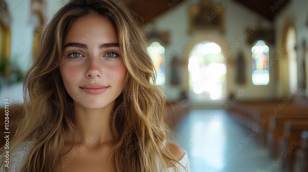 beautiful young woman with long hair on the background of the church biblical character