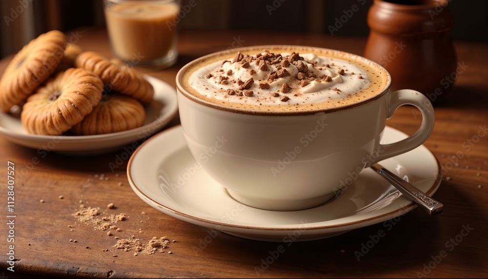 Creamy coffee with whipped cream and chocolate shavings served with cookies on wooden table Creamy coffee with whipped cream and chocolate shavings served with cookies on wooden table
