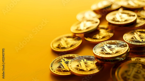Gold Bitcoin Cryptocurrency Coins on a Yellow Background