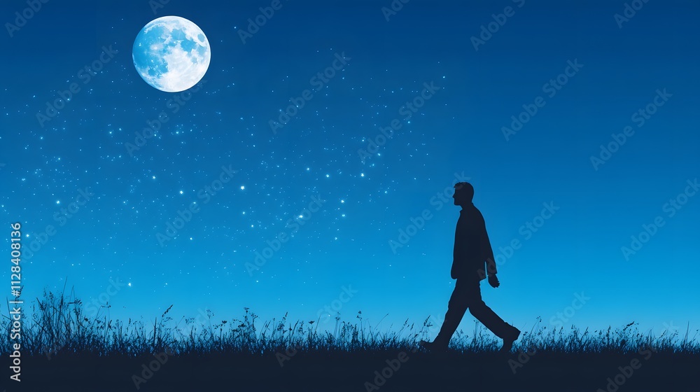 Silhouette of a walking man against a blue sky and moon Silhouette of a walking man against a blue sky and moon