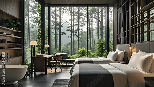 Elegant room with a large window showcasing a stunning forest view. Perfect for use as a background in design projects, advertisements, real estate promotions, or interior decor inspiration photo