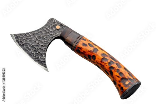 Unique hand-forged axe with a textured blade and a striking wooden handle displayed on a plain background photo