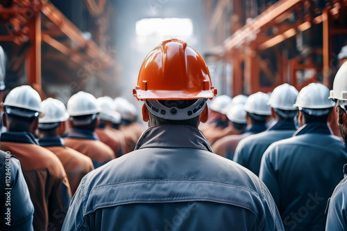 ヘルメットを被りワークウェアを着ているたくさんの人々の後ろ姿