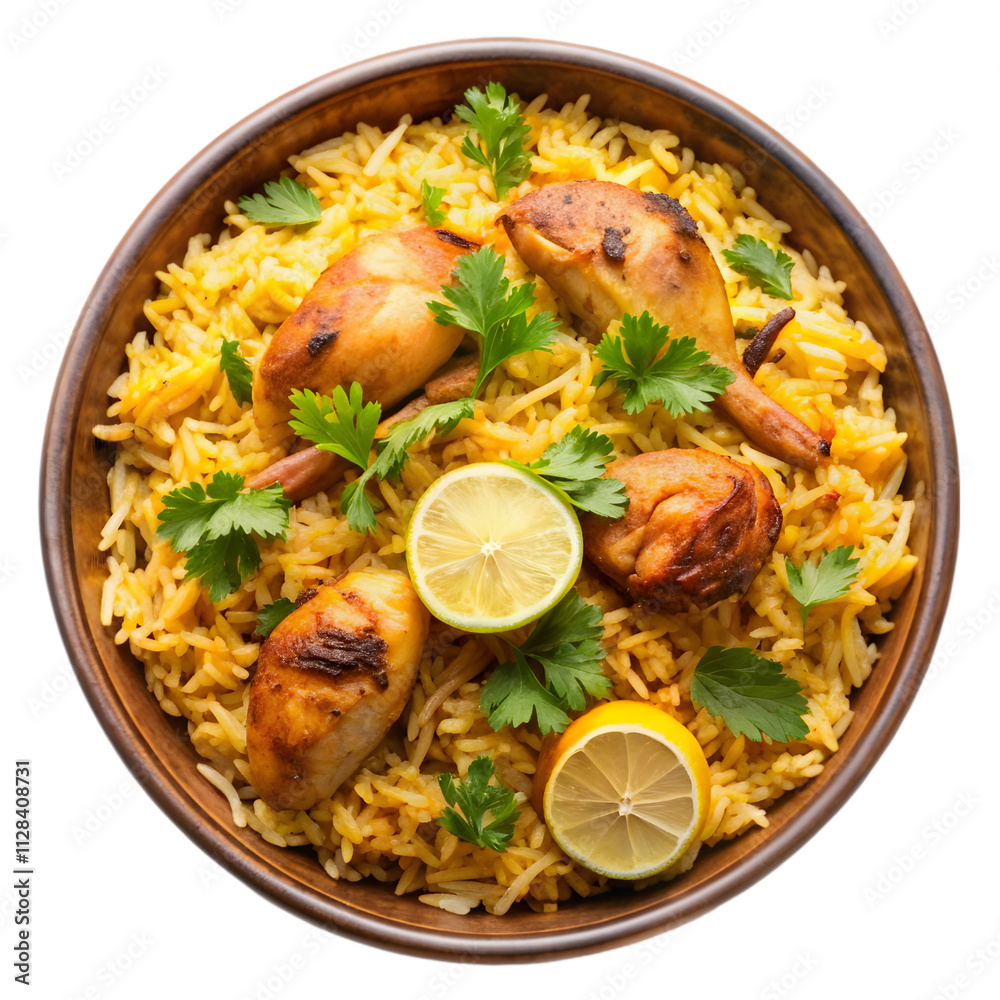 bowl of spicy chicken biryani with lemon bowl of spicy chicken biryani with lemon