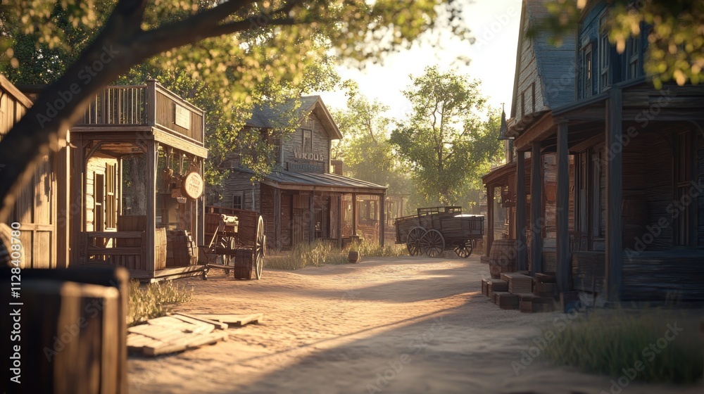 Rustic town scene with wooden buildings and sandy path Rustic town scene with wooden buildings and sandy path