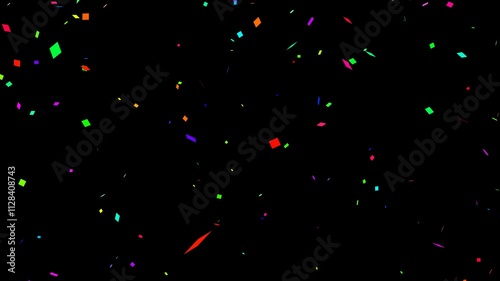 Confetti explosion animation. Confetti Particles with Alpha Channel. Colorful 3D animation of confetti explosion on black background