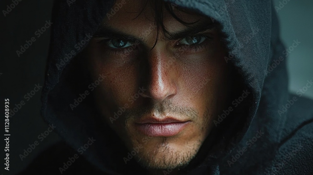 A hooded individual stands in a shadowy corner, exuding an air of mystery with piercing eyes that reveal a depth of emotion. The low light accentuates the contours of their face, drawing attention A hooded individual stands in a shadowy corner, exuding an air of mystery with piercing eyes that reveal a depth of emotion. The low light accentuates the contours of their face, drawing attention