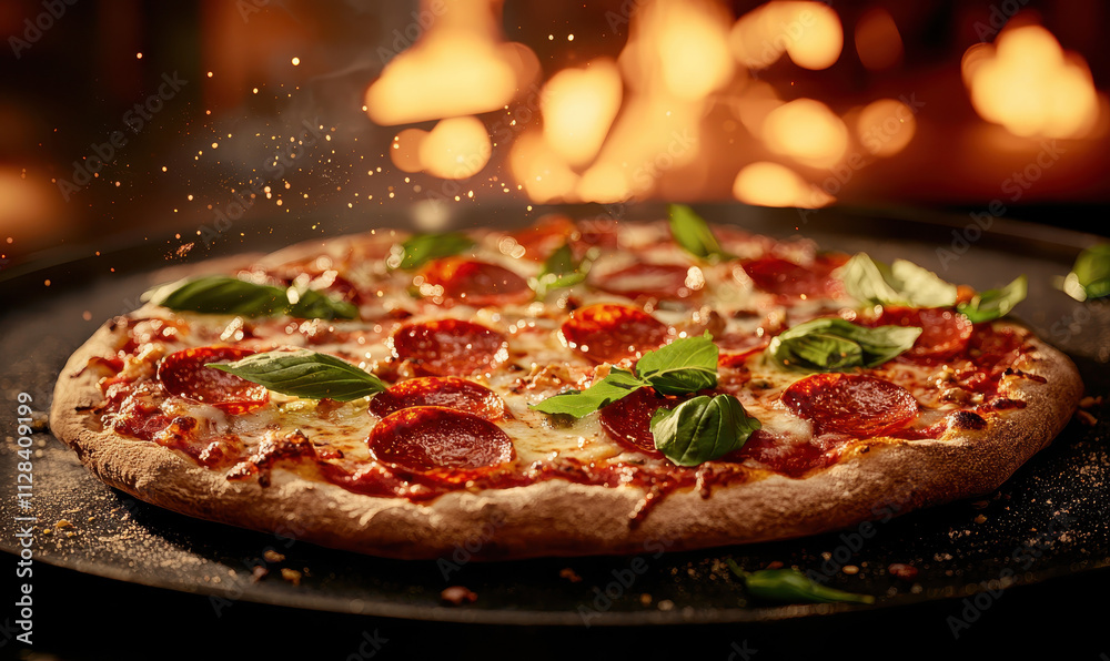 Sizzling Pepperoni Pizza with Basil Toppings in a Traditional Woodfire Oven for an Authentic Italian Culinary Experience Sizzling Pepperoni Pizza with Basil Toppings in a Traditional Woodfire Oven for an Authentic Italian Culinary Experience