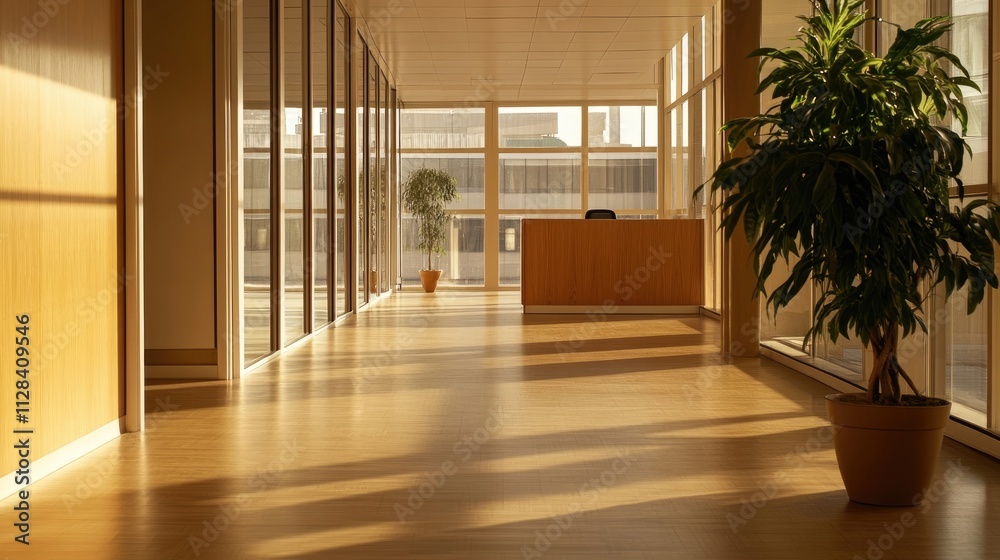 Sunlight streams through large windows illuminating a modern office hallway with light wood floors and a minimalist reception desk. Warm, inviting atmosphere. Sunlight streams through large windows illuminating a modern office hallway with light wood floors and a minimalist reception desk. Warm, inviting atmosphere.