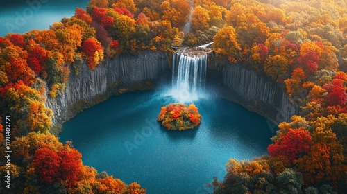 Autumnal Waterfall Paradise: A Breathtaking Aerial View of Kegon Falls' Enchanting Cascade Plunging into a Vibrant Teal Lake, Surrounded by Crimson and Gold Foliage photo