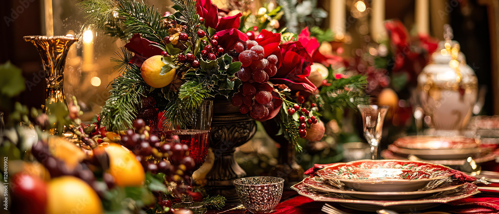 Festive Christmas table decor with plates, pine cones, candles, wine glasses, green fir branches, and ornaments. Cozy, stylish holidays decor for dining and celebration background. Generative ai Festive Christmas table decor with plates, pine cones, candles, wine glasses, green fir branches, and ornaments. Cozy, stylish holidays decor for dining and celebration background. Generative ai