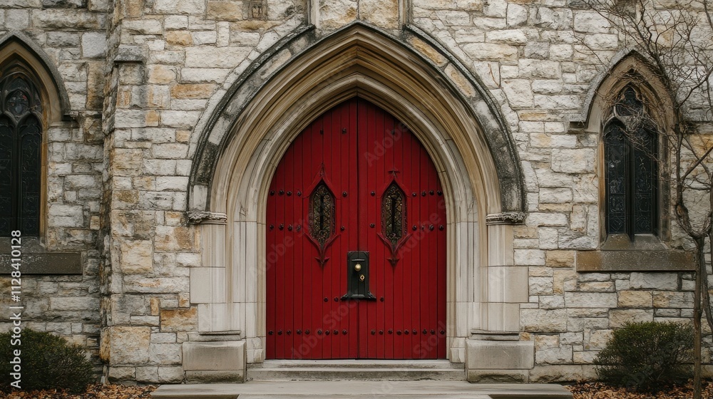 Majestic Red Wooden Door in Stone Cathedral Entrance Majestic Red Wooden Door in Stone Cathedral Entrance