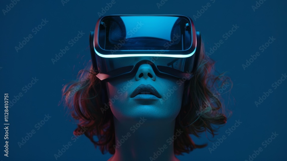 A young woman wearing opaque virtual reality goggles, with a surprised smile A young woman wearing opaque virtual reality goggles, with a surprised smile