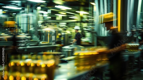 Obscured view of workers hurrying around crafting the perfect batch of beer.