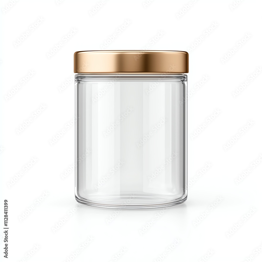 A clear glass jar with a golden lid, ideal for storage, organization, or decoration. A clear glass jar with a golden lid, ideal for storage, organization, or decoration.