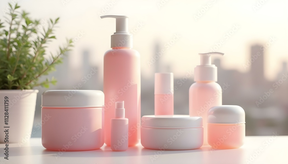 Pink and white cosmetic bottles and containers on a table with a blurred city skyline in the background