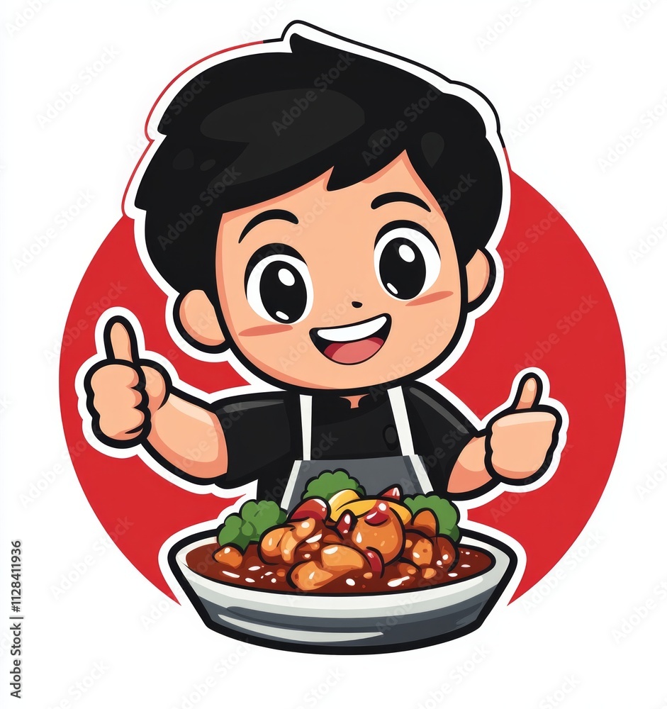 Animated young asian male chef with delicious dish offering thumbs up Animated young asian male chef with delicious dish offering thumbs up
