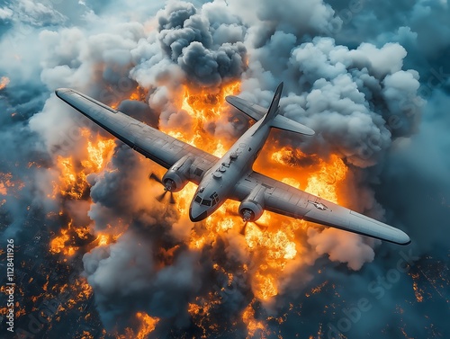 Fiery Plane Crash: WWII Aircraft engulfed in flames and smoke