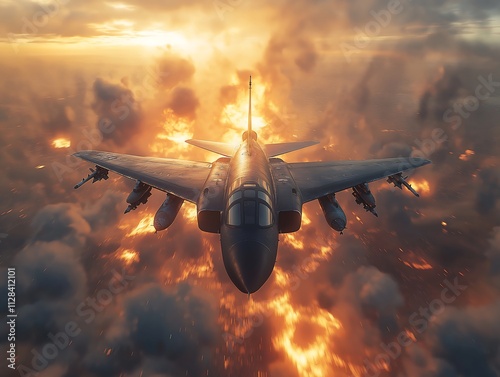 Fiery Sunset Assault: Fighter Jet in Dramatic Aerial Combat
