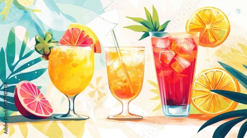 Vibrant tropical cocktails with citrus fruits and colorful garnishes on a sunny day.