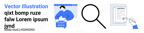 Man holding cash back sign, magnifying glass, pen signing a contract. Ideal for financial services, e-commerce, legal services, contracts, customer support, web design, mobile apps. Landing page