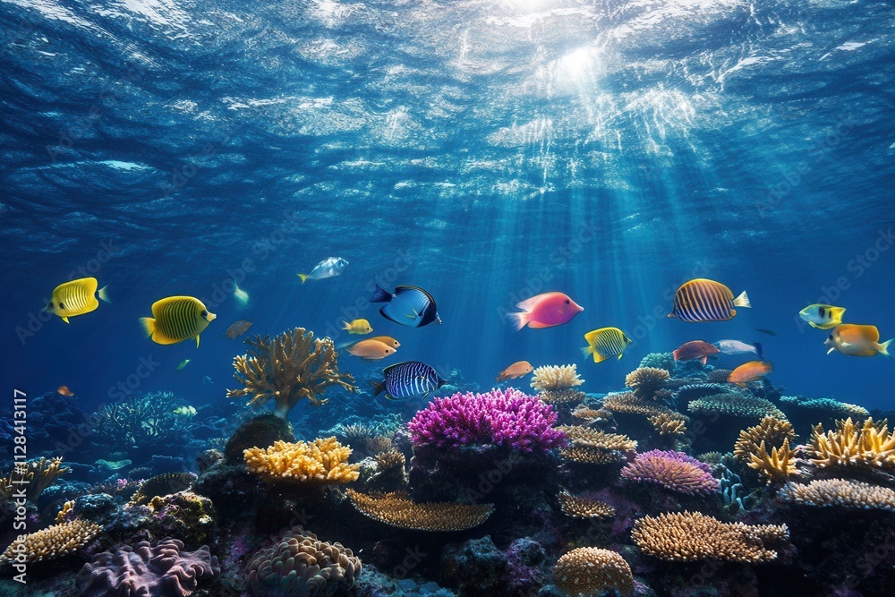 Fototapeta premium Colorful coral reef teeming with vibrant fish.