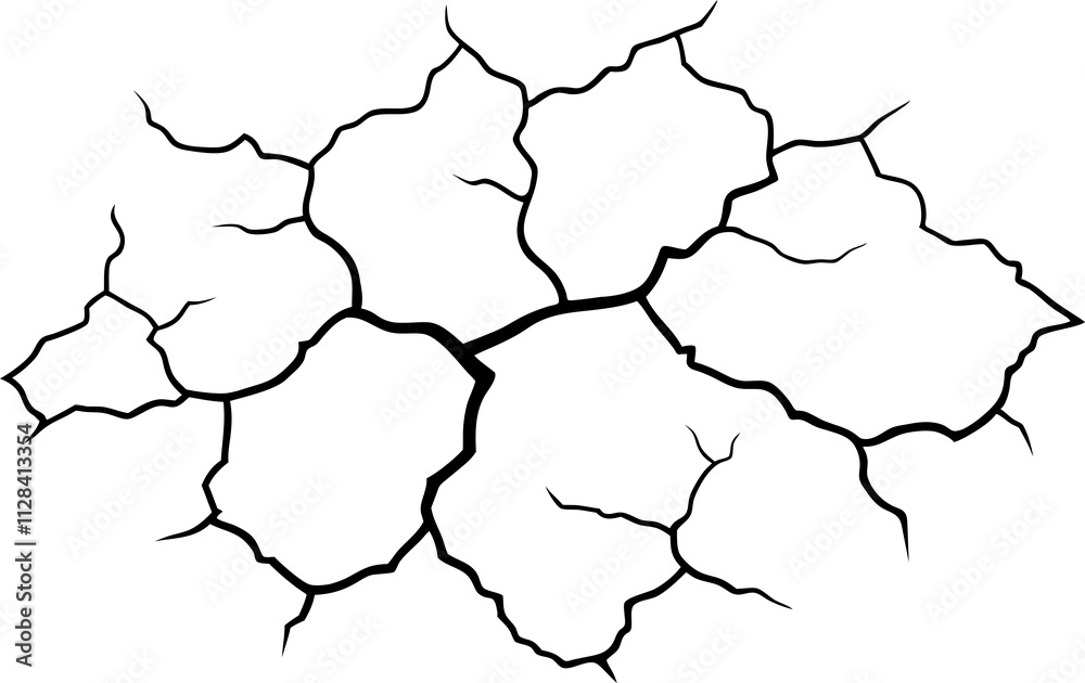 Dry cracked ground Surface crack sharp soil Broken glass effect Structure of cracks, Breaks land texture earthquake scratches isolated black and white vector silhouette
Dry cracked ground Surface crack sharp soil Broken glass effect Structure of cracks, Breaks land texture earthquake scratches isolated black and white vector silhouette
