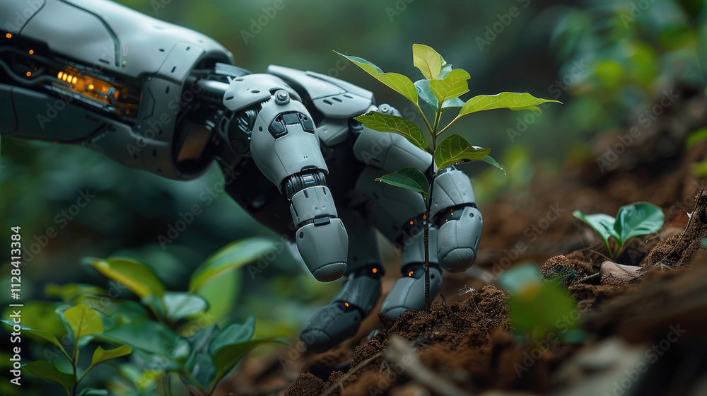 A robotic hand planting a seedling in soil, representing innovation in technology, natural outdoor setting with soft light. A robotic hand planting a seedling in soil, representing innovation in technology, natural outdoor setting with soft light.