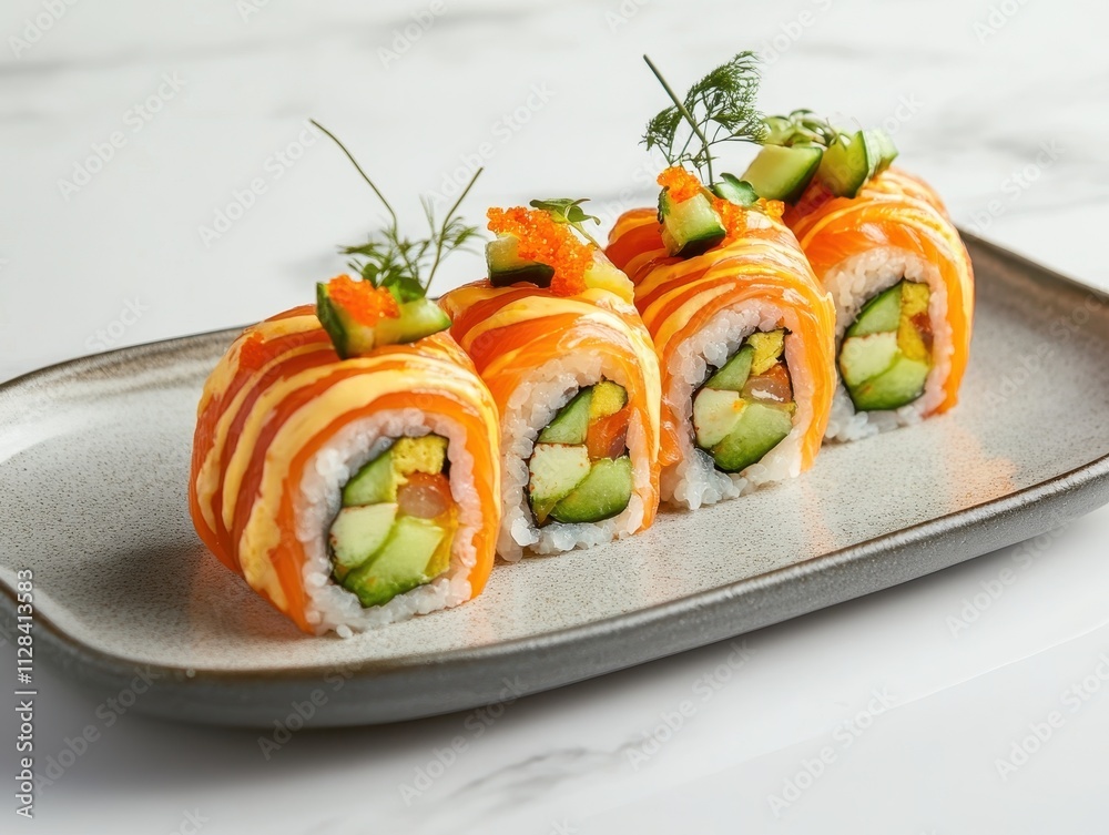 A plate of sushi rolls featuring salmon, cucumber, and garnishes. A plate of sushi rolls featuring salmon, cucumber, and garnishes.