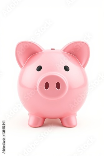 pink piggy bank with black eyes on white background