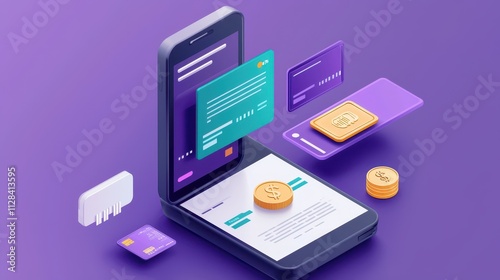 Abstract illustration of a smartphone with digital transactions, virtual cards, payment icons, and currency symbols, set against a vibrant purple background for financial themes.