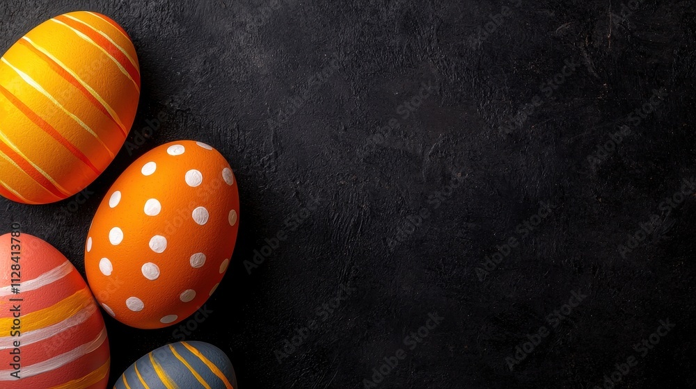 Fototapeta premium Colorful Easter Eggs with Stripes and Dots on Dark Background