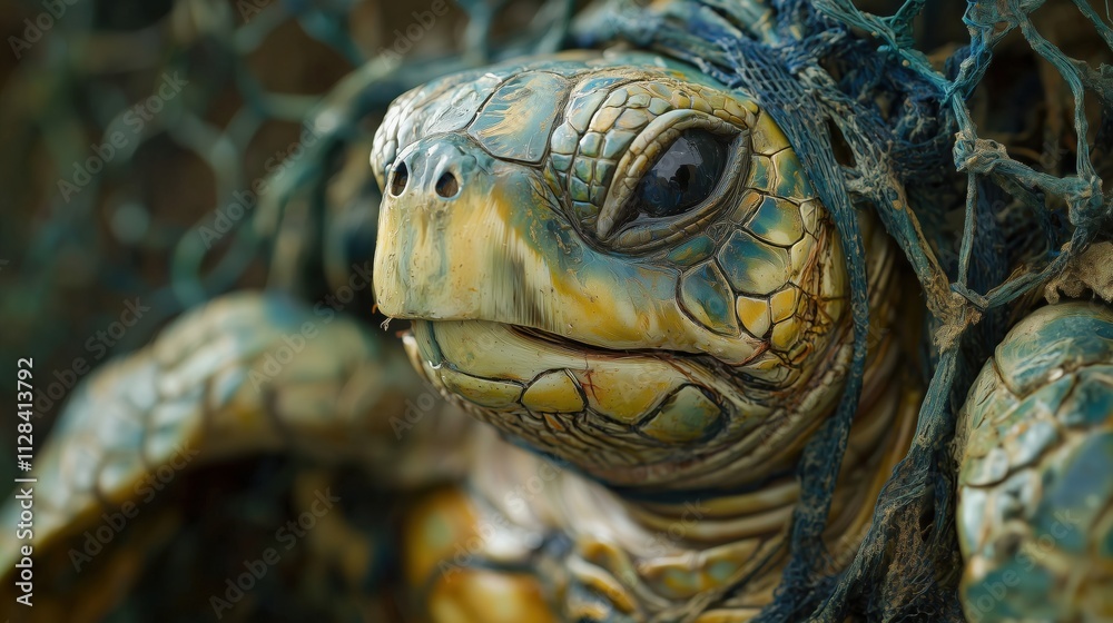 Naklejka premium Sea Turtle Entangled in Fishing Net: A Cry for Ocean Conservation