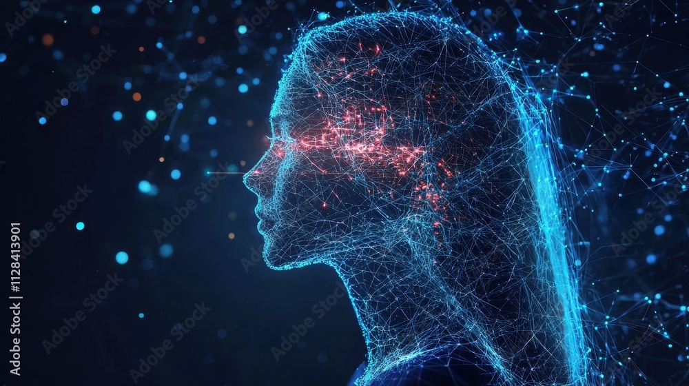 Futuristic Portrait of a Woman with Glowing Digital Network Connections Depicting Artificial Intelligence and Technology in a Creative Concept Futuristic Portrait of a Woman with Glowing Digital Network Connections Depicting Artificial Intelligence and Technology in a Creative Concept