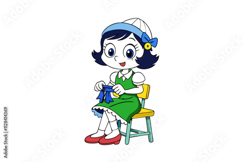 Cartoon girl is sewing a cap