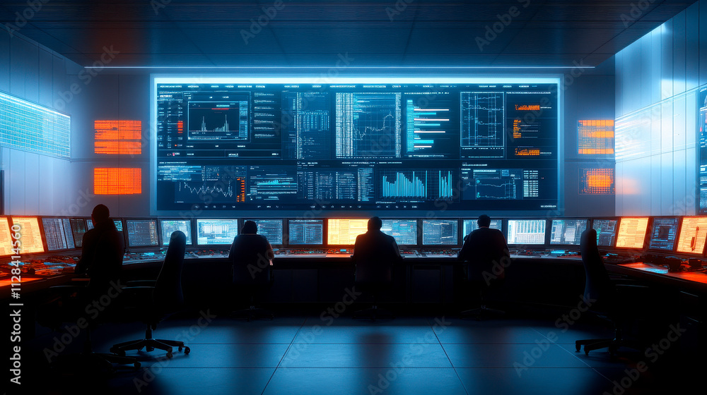 A high-tech control room with glowing screens and monitors displaying data, creating a futuristic and analytical environment. A high-tech control room with glowing screens and monitors displaying data, creating a futuristic and analytical environment.